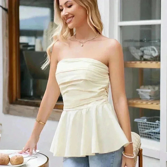 Beige Casual Womens Solid Ruched Ruffle Hem Tube Top - Picture 2 of 5